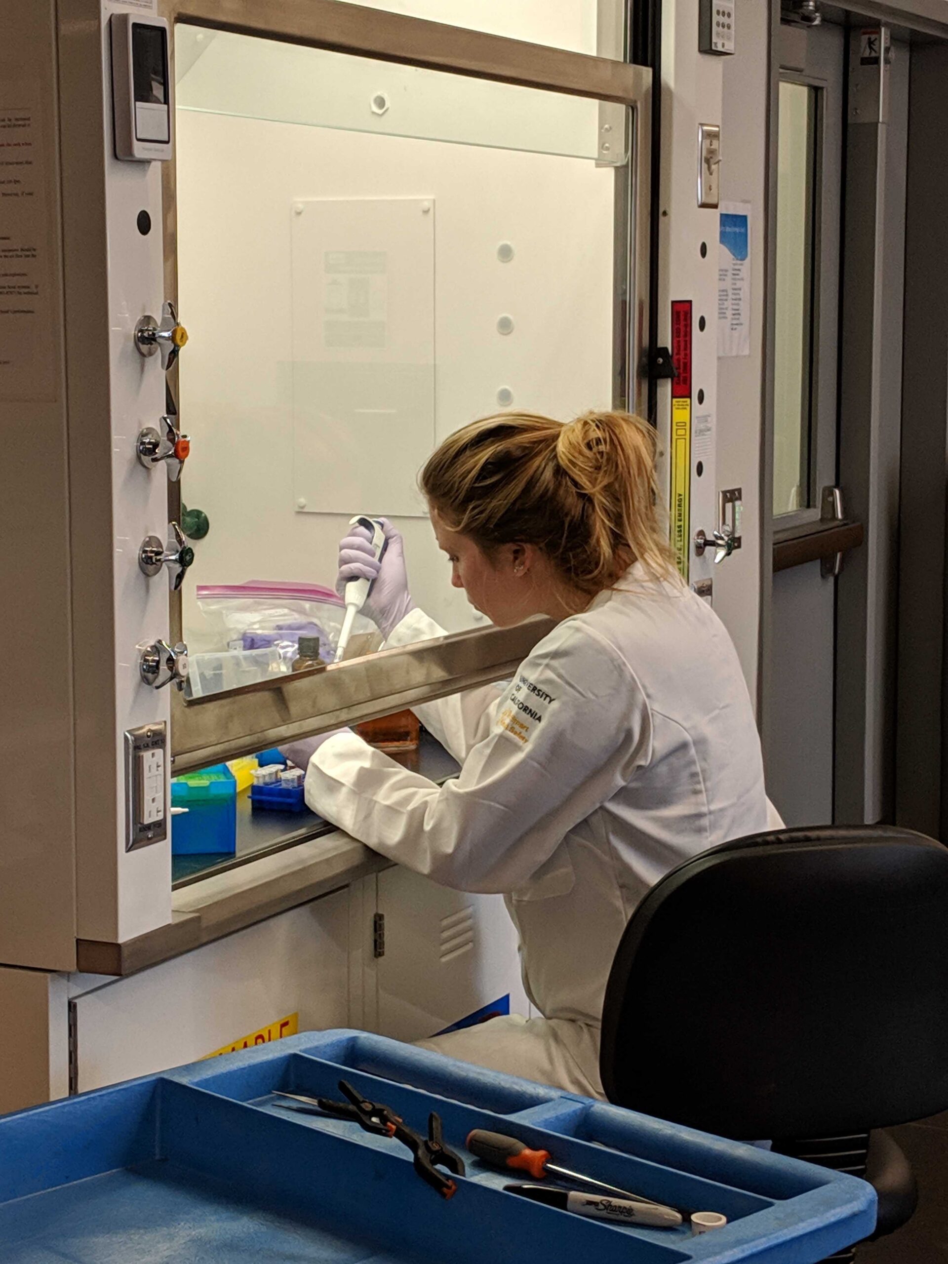 Person pipetting at a fume hood.